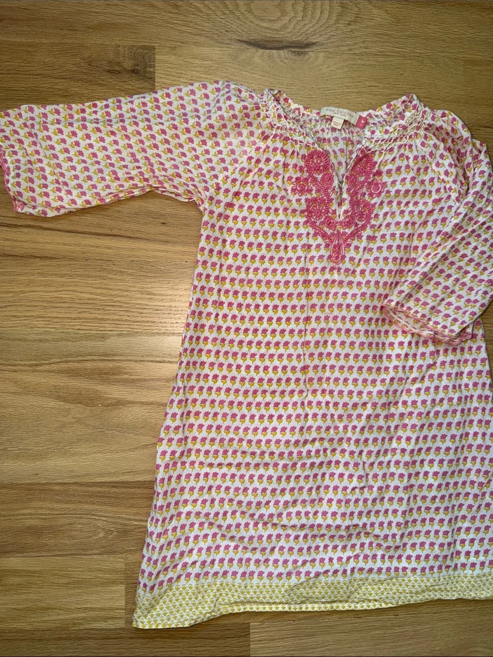 Pink Chicken Pink/Yellow Floral Block Print Cotton Embroidered Tunic Dress Sz 5y